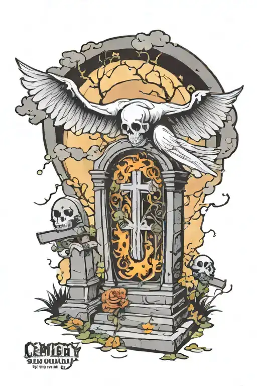 cemetery scean headstones and ghost flying tattoo design idea