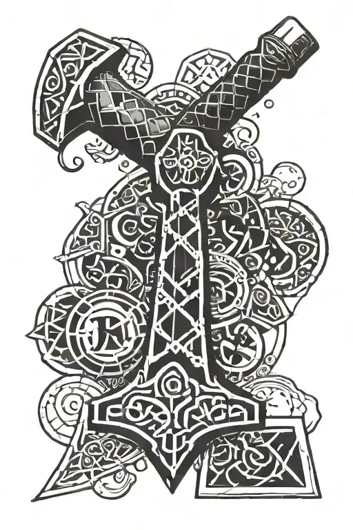 Scandinavian hammer, Thor's hammer, Kelian runes tattoo design idea