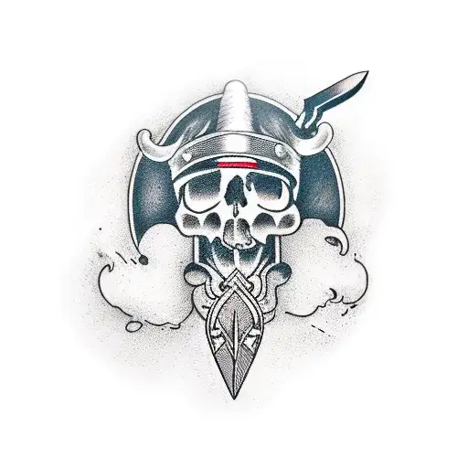 Pistol intertwined with a knife. Behind them, a head split in two halves: one is dead and second is a living viking  tattoo design idea