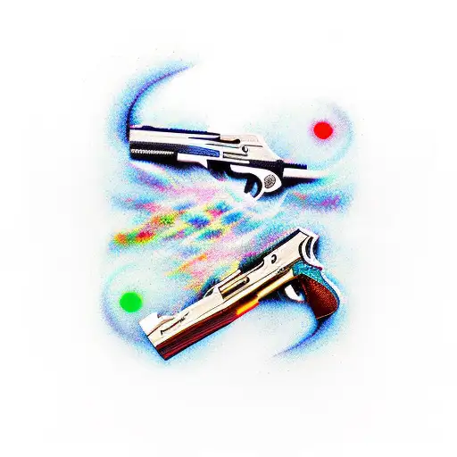 Pistol intertwined with a combat knife, forming a dynamic composition? Behind them, a background split in two halves:  tattoo design idea