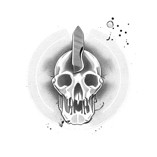 Pistol intertwined with a knife. Behind them, a head split in two halves: one is dead and second is a living viking  tattoo design idea