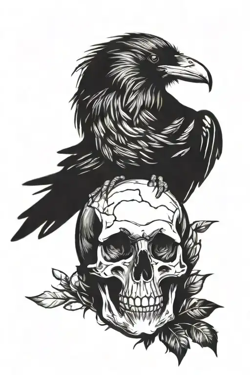 raven perched on a skull tattoo design idea