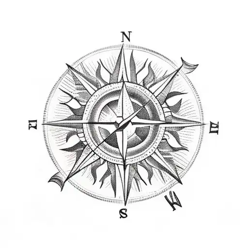 palm trees, sun, mountain, beach compass tattoo design idea