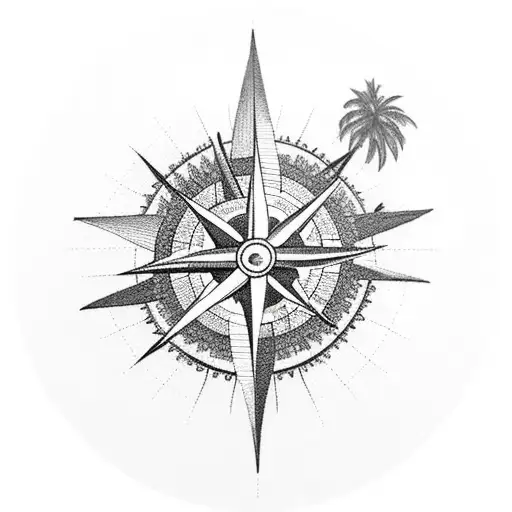 Compass, palm trees, sun, mountain, beach tattoo design idea