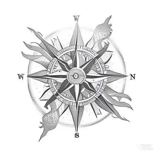 Compass palm trees sun mountain beach tattoo design idea