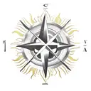 palm trees, sun, mountain, beach compass tattoo design idea