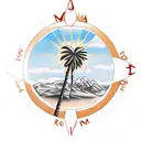 palm trees, sun, mountain, beach compass tattoo design idea