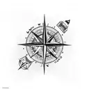 Compass, palm trees, sun, mountain, beach tattoo design idea
