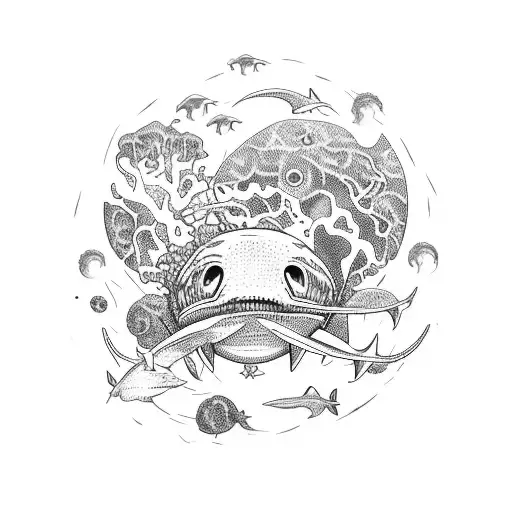 shark oulines circling planet earth with seaweed and mushrooms. Jellyfish and birds incorporated tattoo design idea