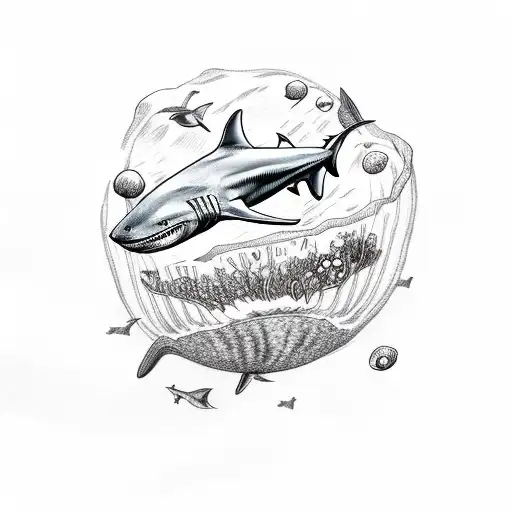 shark oulines circling planet earth with seaweed and mushrooms. Jellyfish and birds incorporated tattoo design idea