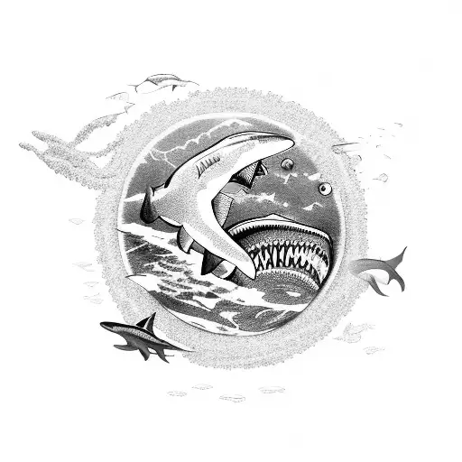 sharks circling planet earth with seaweed and mushrooms. tattoo design idea