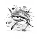 shark oulines circling planet earth with seaweed and mushrooms. Jellyfish and birds incorporated tattoo design idea