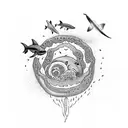 shark oulines circling planet earth with seaweed and mushrooms. Jellyfish and birds incorporated tattoo design idea