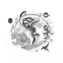 shark oulines circling planet earth with seaweed and mushrooms. Jellyfish and birds incorporated tattoo design idea