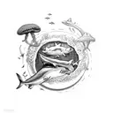 shark oulines circling planet earth with seaweed and mushrooms. Jellyfish and birds incorporated tattoo design idea