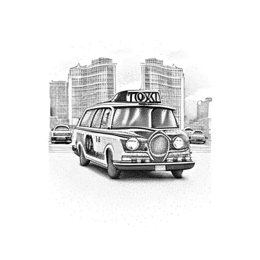 A detailed blackwork tattoo of a vintage taxi cab driving through a bustling cityscape tattoo design idea