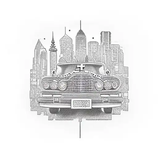 A detailed blackwork tattoo of a vintage taxi cab driving through a bustling cityscape tattoo design idea