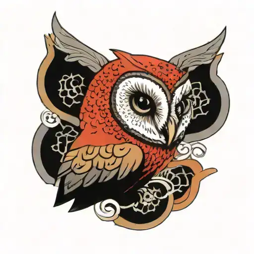 red and black barn owl head tattoo design idea