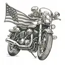 A detailed black and grey tattoo of a motorcycle with the American flag waving in the background tattoo design idea
