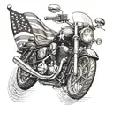 A detailed black and grey tattoo of a motorcycle with the American flag waving in the background tattoo design idea