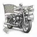 A detailed black and grey tattoo of a motorcycle with the American flag waving in the background tattoo design idea