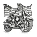 A detailed black and grey tattoo of a motorcycle with the American flag waving in the background tattoo design idea