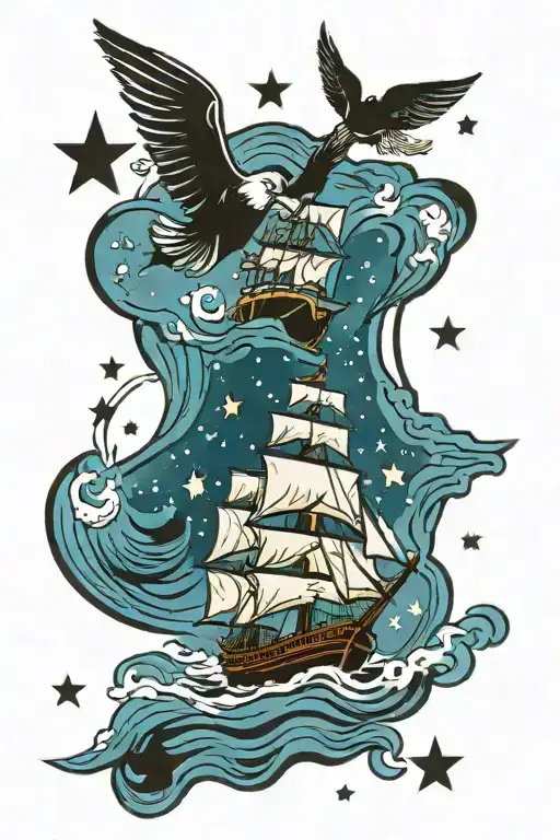 clipper ship with stars and two swollow birds flying tattoo design idea