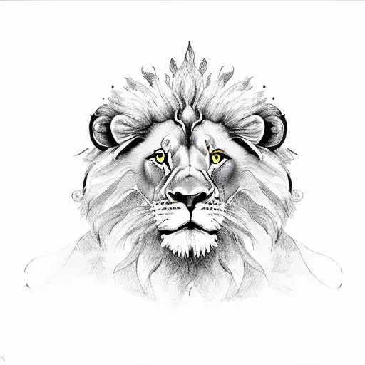 Lion avec mimosas et grenouille et papillon et 2 etoiles tattoo design idea