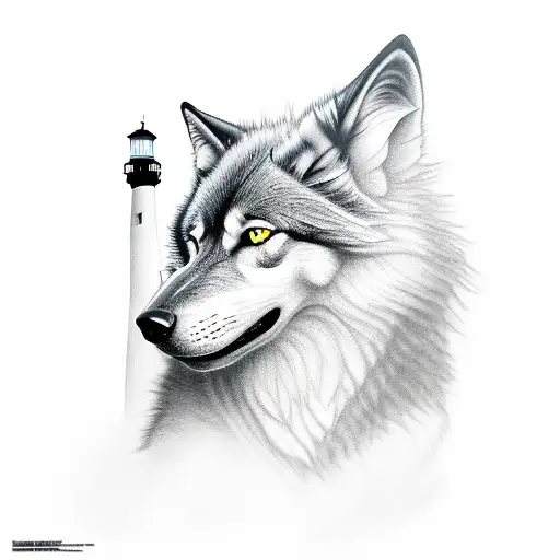A Black and White Wolf Walking Up stairs to a lighthouse tattoo design idea