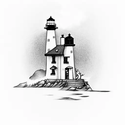 Boy walking up an old staircase thats falling aprat, leading to a lighthouse. He is walking next to two wolves tattoo design idea