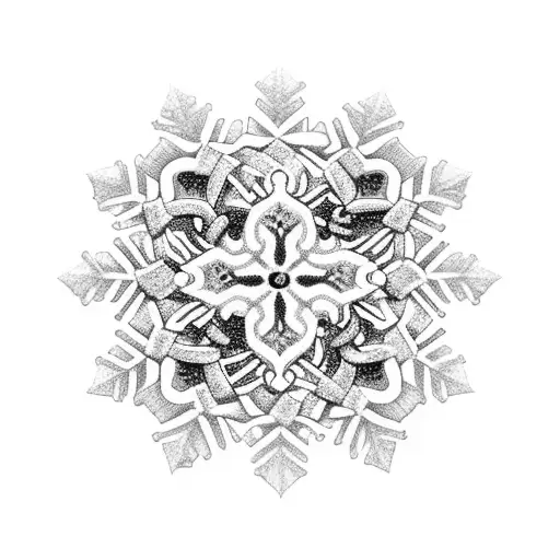 A captivating blackwork tattoo design featuring a snowflake engulfed in flames, symbolizing the transformative power of love and the artist's constant pursuit of new experiences through travel. tattoo design idea
