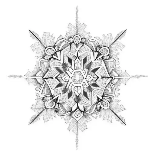 A captivating blackwork tattoo design featuring a snowflake engulfed in flames, symbolizing the transformative power of love and the artist's constant pursuit of new experiences through travel. tattoo design idea