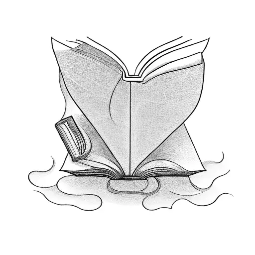 A blackwork tattoo depicting a mysterious book opening to reveal a hidden world tattoo design idea