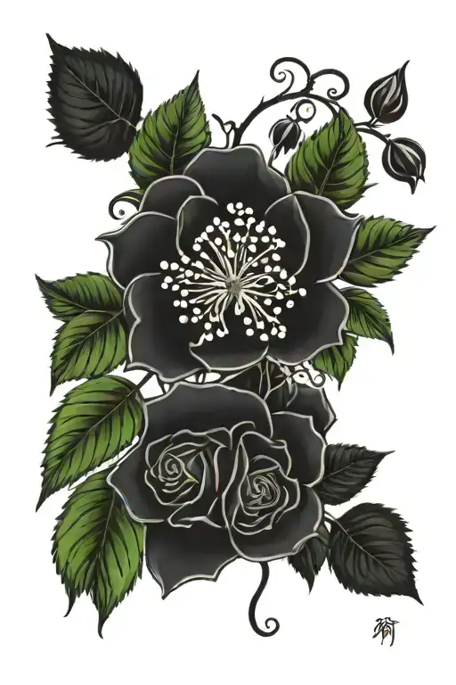 black roses growing vines hanging poison ivy leaves lilly of the Valley flowers growing  tattoo design idea