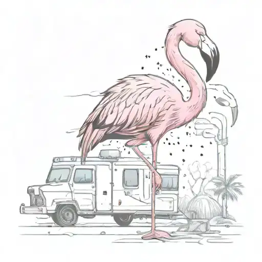 A pink flamingo with bullet holes tattooed on its wings, surrounded by trailer park elements tattoo design idea