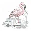 A pink flamingo with bullet holes tattooed on its wings, surrounded by trailer park elements tattoo design idea