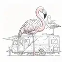 A pink flamingo with bullet holes tattooed on its wings, surrounded by trailer park elements tattoo design idea