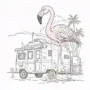 A pink flamingo with bullet holes tattooed on its wings, surrounded by trailer park elements tattoo design idea