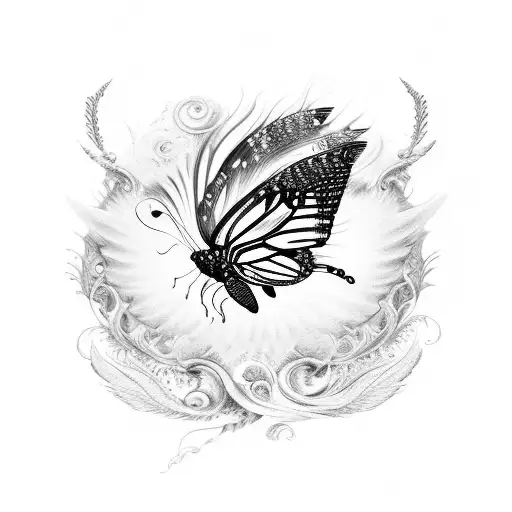 A majestic butterfly with one wing resembling a magpie feather, surrounded by swirling waves and seashells tattoo design idea