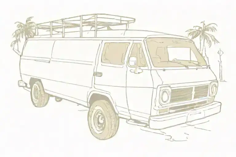 I want it to create a lifted ford van with a front number back bumper driving on a road that looks like the Florida keys tattoo design idea