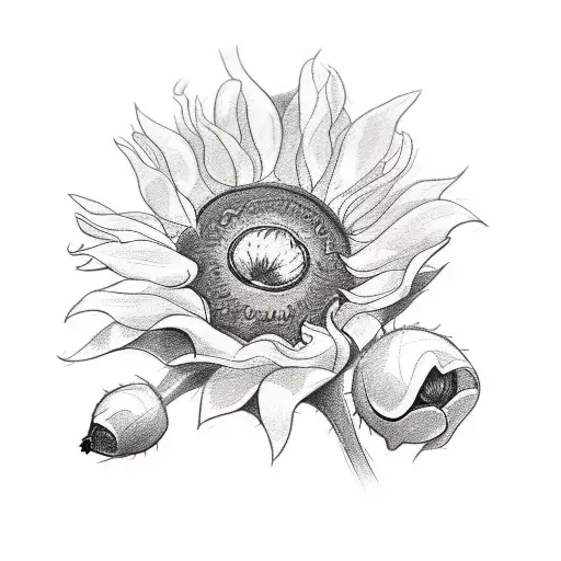 a small tattoo sketch of a bouquet of 3 flowers- sunflower, poppy and cyclamen tattoo design idea