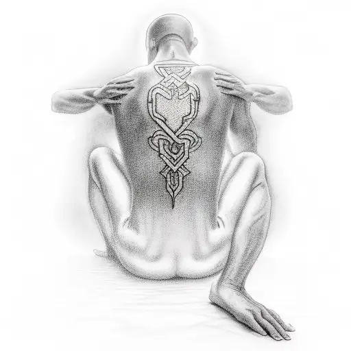 a man on his knees with his head bowed down in front of a wooden cross tattoo design idea