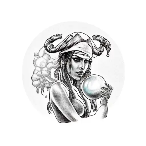 Hot steamy pirate girl, holding a huge pearl in her hand in front of her. Palmtrees and a waterfall in the back tattoo design idea
