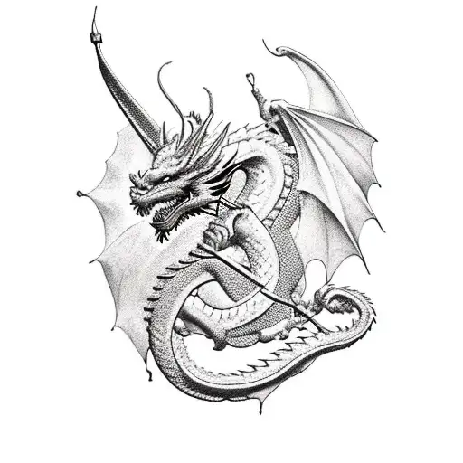 Dragon, cross, rifle, flower tattoo design idea