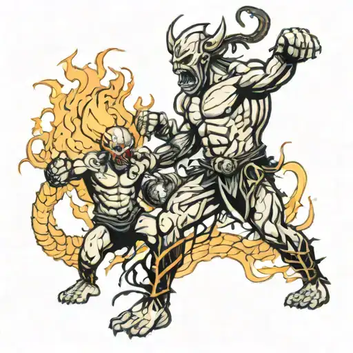 A fusion of death metal and MMA elements, such as a demon fighting in a cage match with a fighter, surrounded by flames and skulls tattoo design idea
