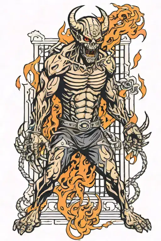 A fusion of death metal and MMA elements, such as a demon fighting in a cage match with a fighter, surrounded by flames and skulls tattoo design idea