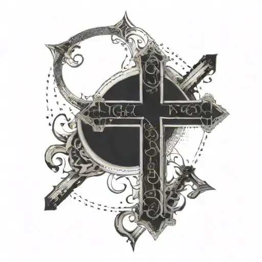 Three minimalistic crosses intertwined with a bible verse with eclipse in background   tattoo design idea