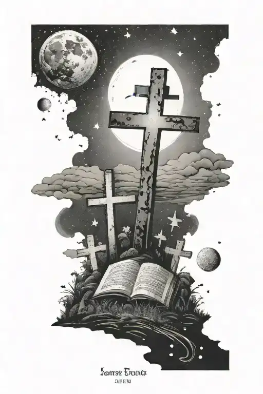 Three crosses on a hill with a bible verse with eclipse in background   tattoo design idea