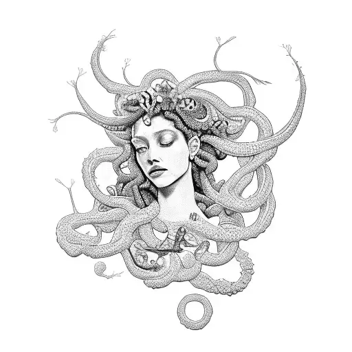 A majestic Medusa with butterflies and flowers in a serene underwater scene tattoo design idea