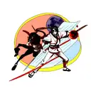 planets and moon with demon samurai tattoo design idea